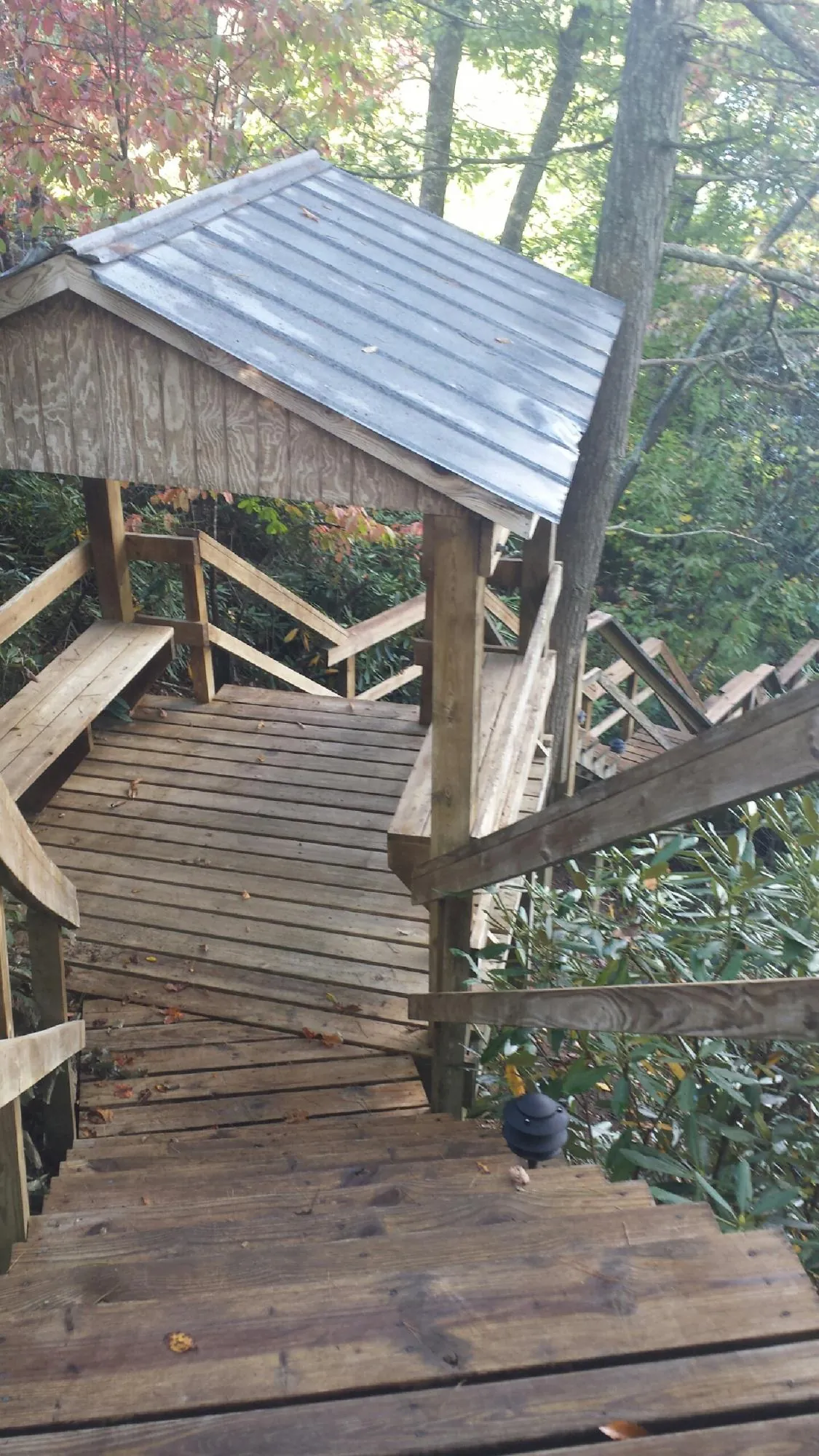 Metal roofed shelter over wooden steps on a wooded walkway — Skylight Repair & Installation work by our crew in Lamont